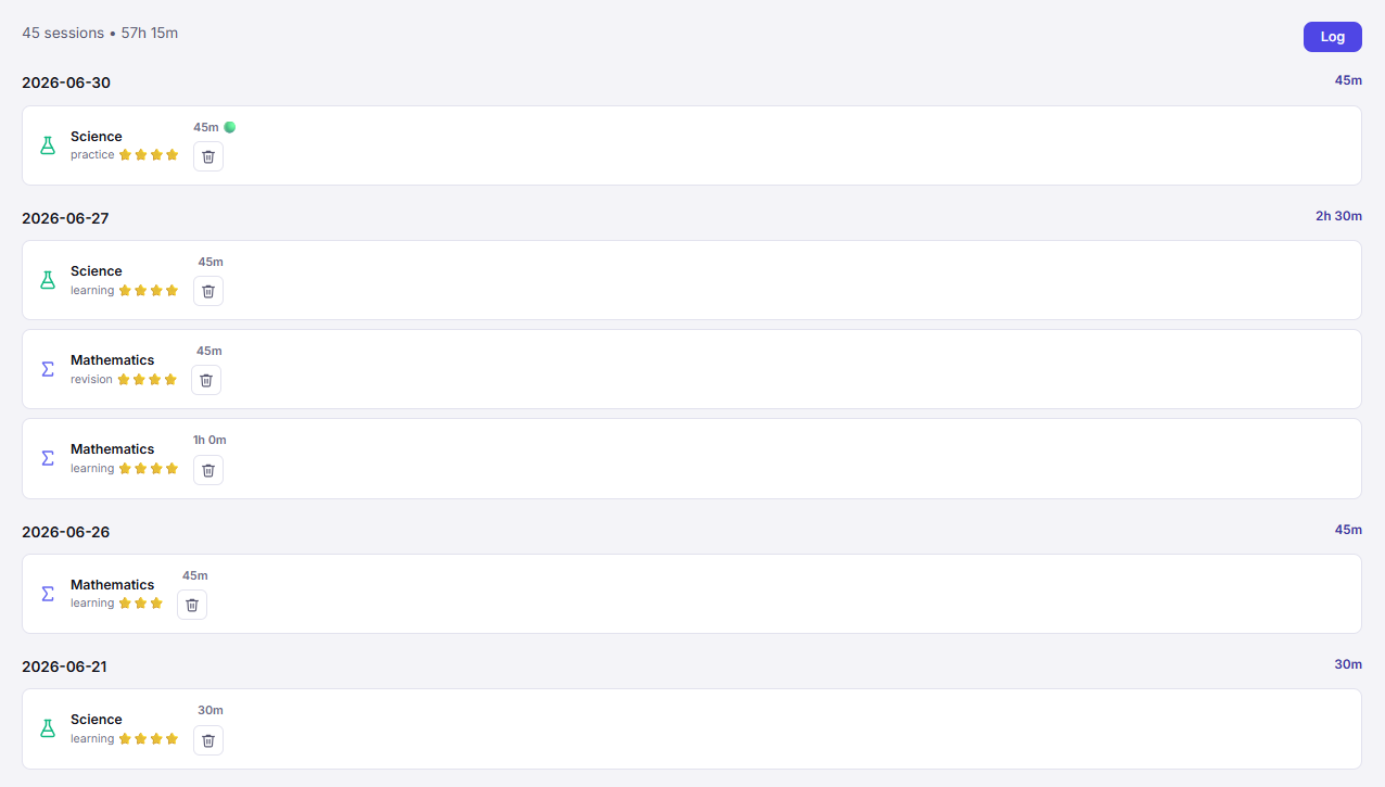 Log Study Session — Subject, chapter, time and focus rating logger