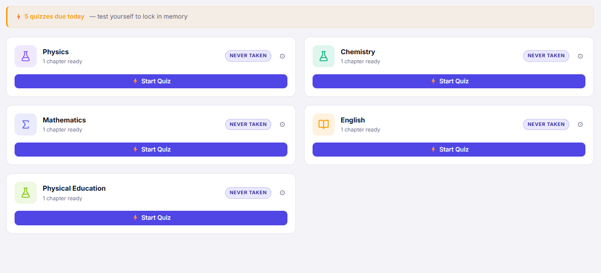 Quiz Generator Interface — Subject Selector + Active Quiz Question